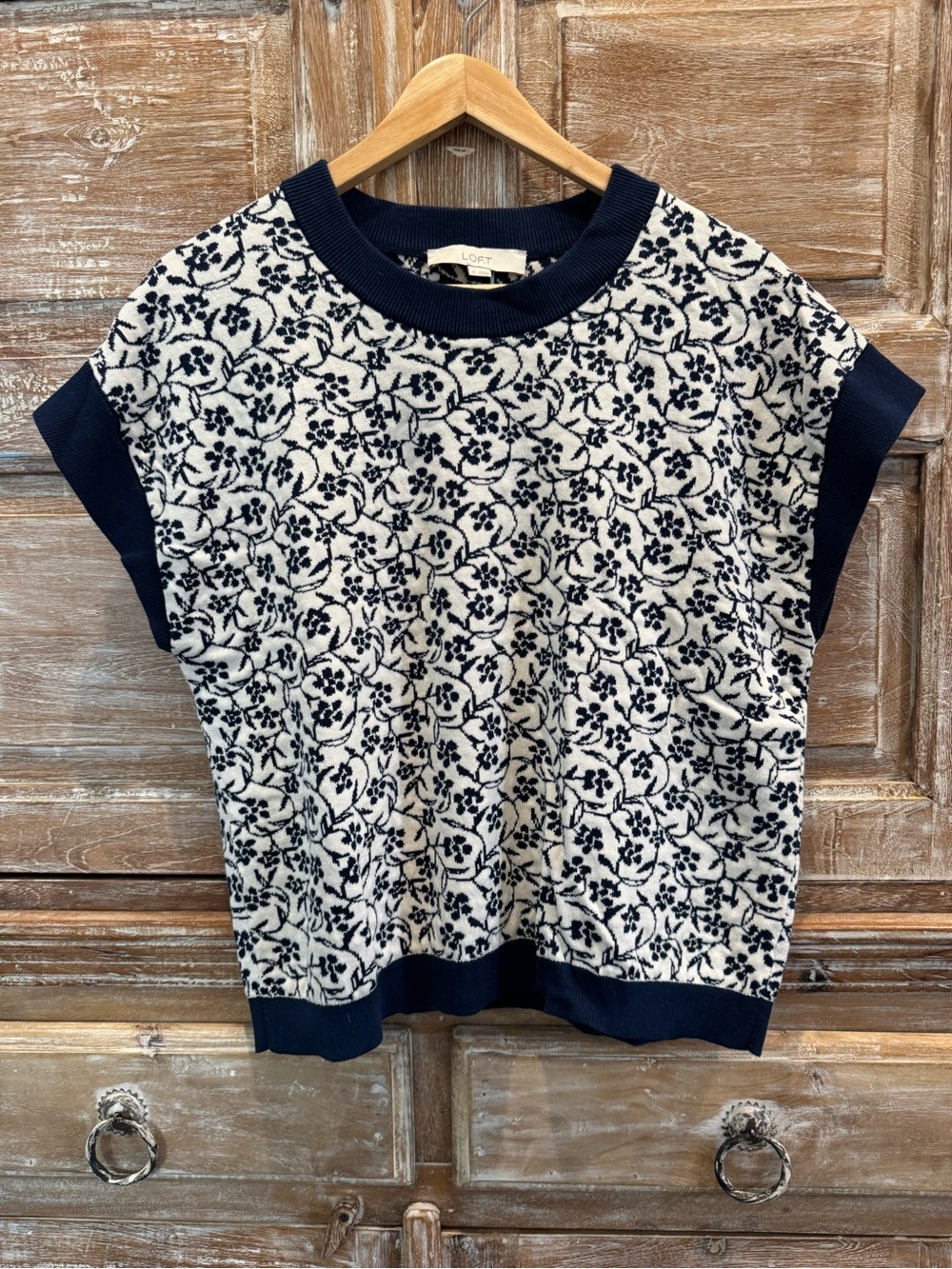 LOFT Garden Refined Navy & White Floral Knit Cap-Sleeve Relaxed Boxy Sweater Top